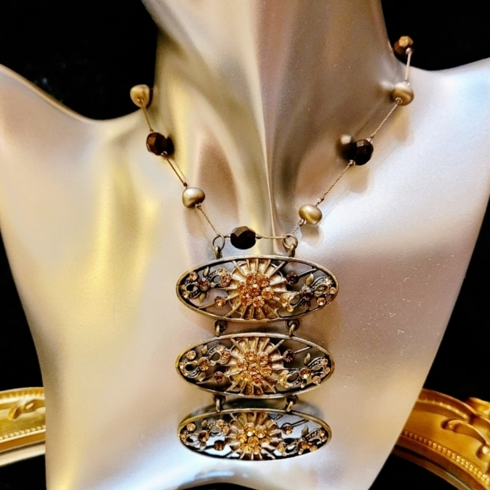 Vintage Austrian Crystal Triple Pendant Gold Necklace
